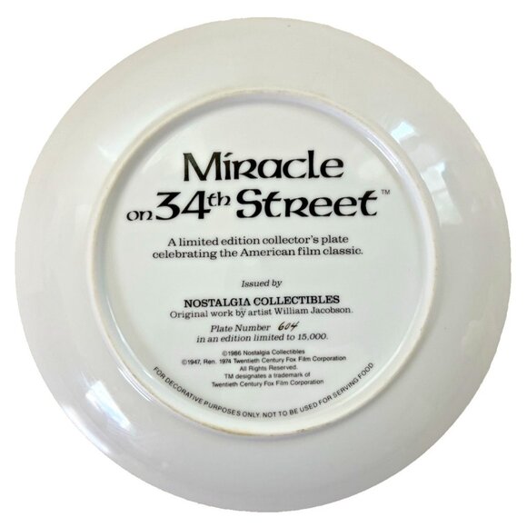 1986 Limited Edition Miracle On 34Th Street Nostalgia Collectibles Plate - Picture 2 of 3